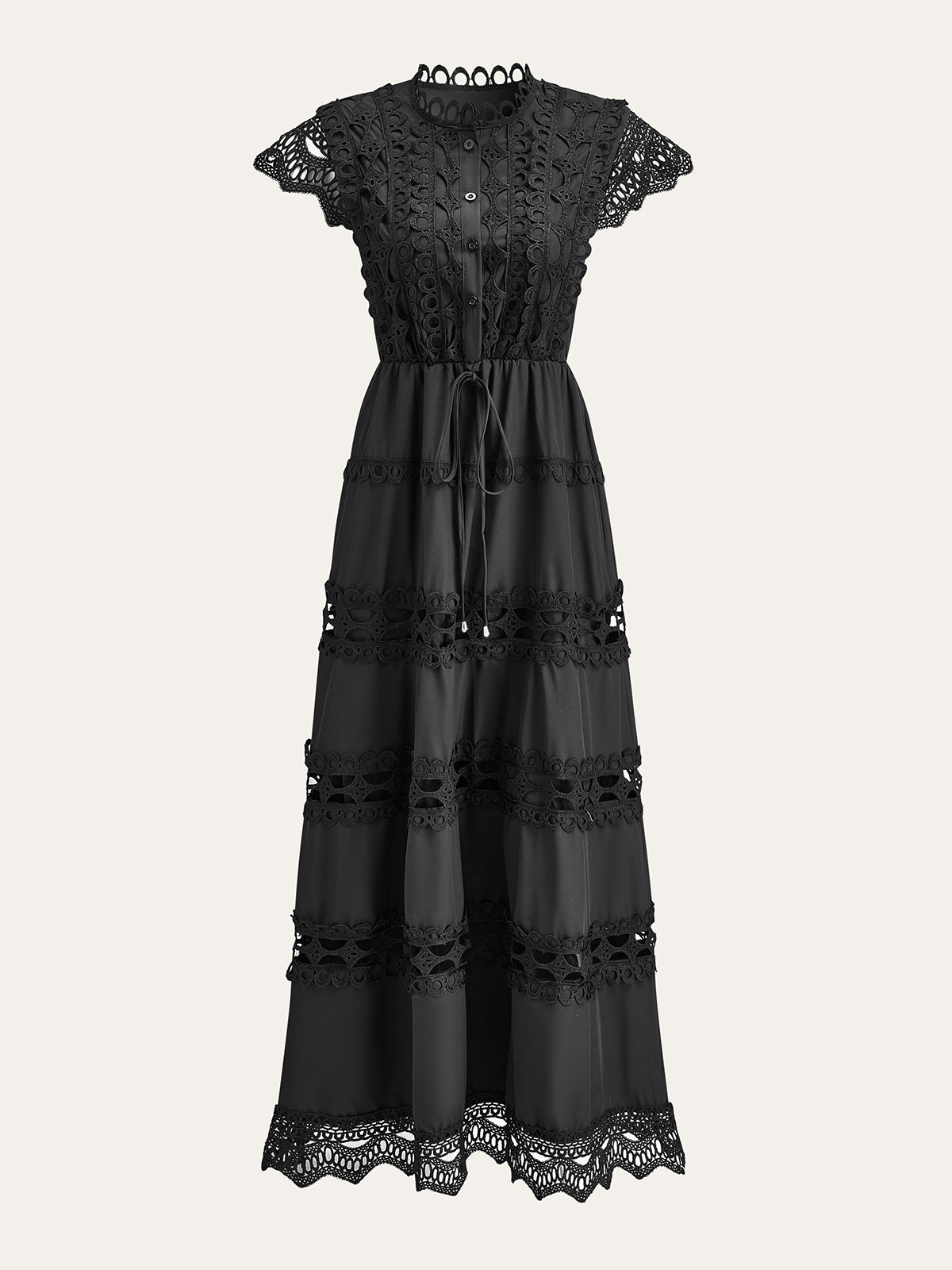 Eyelet Lace Paneled Dress With Waist Tie-Chicvia