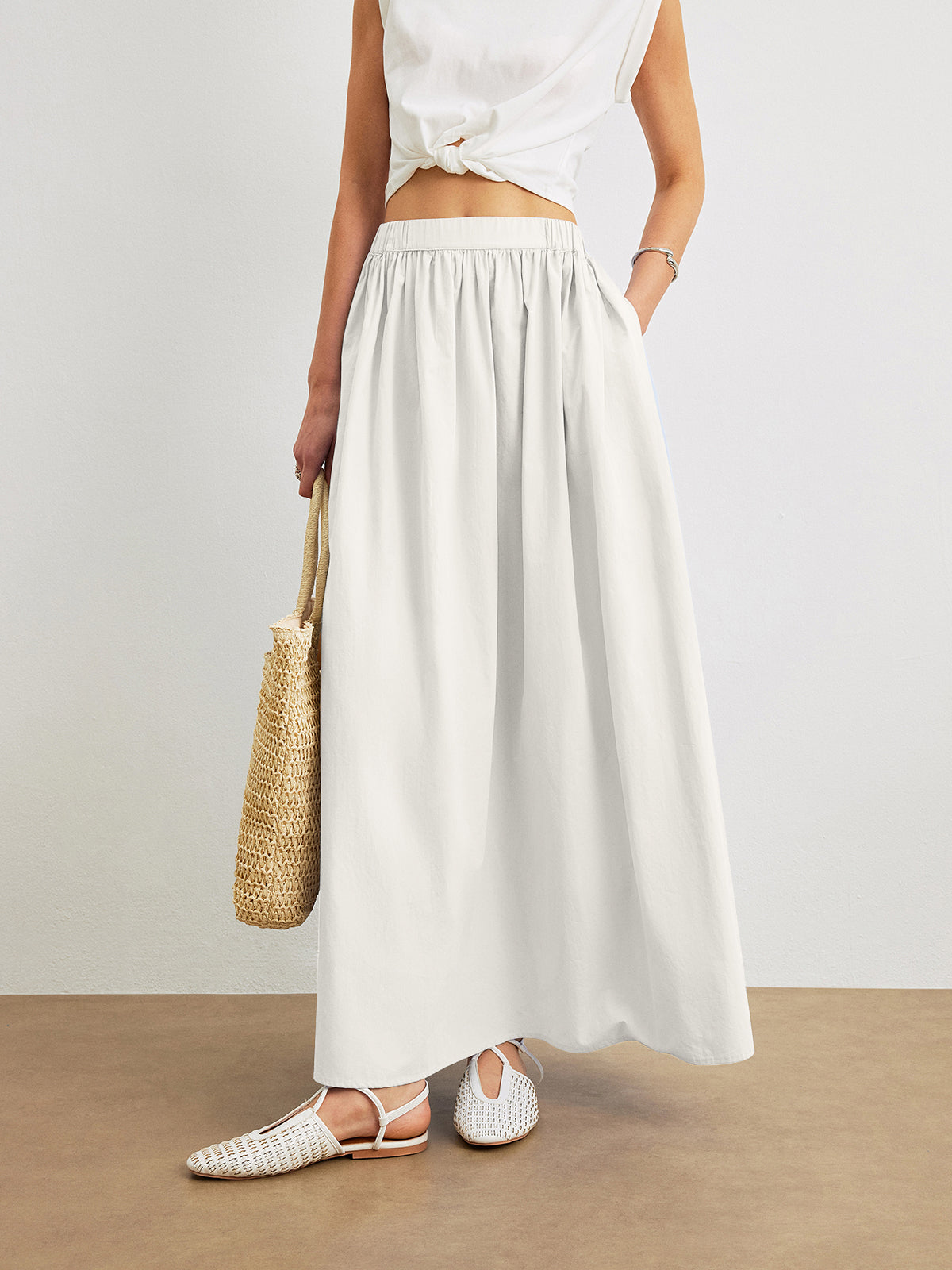 Cotton A-Line Skirt With Pockets-Chicvia