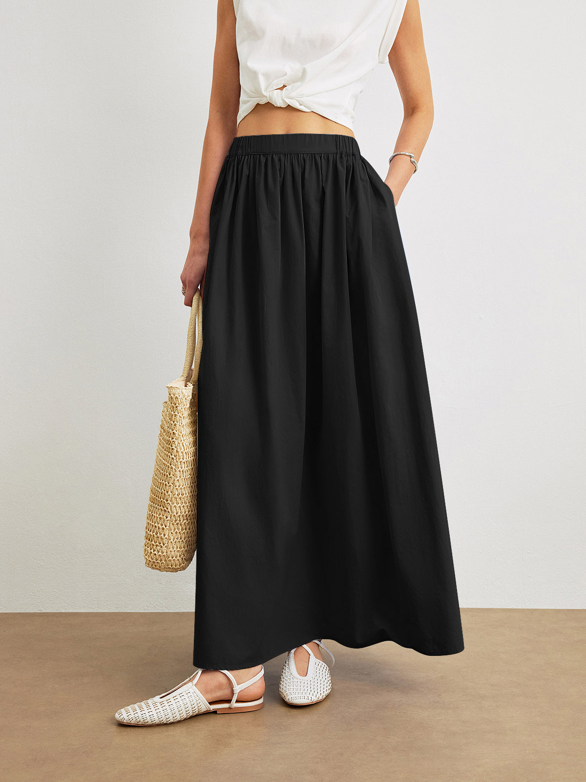 Cotton A-Line Skirt With Pockets-Chicvia