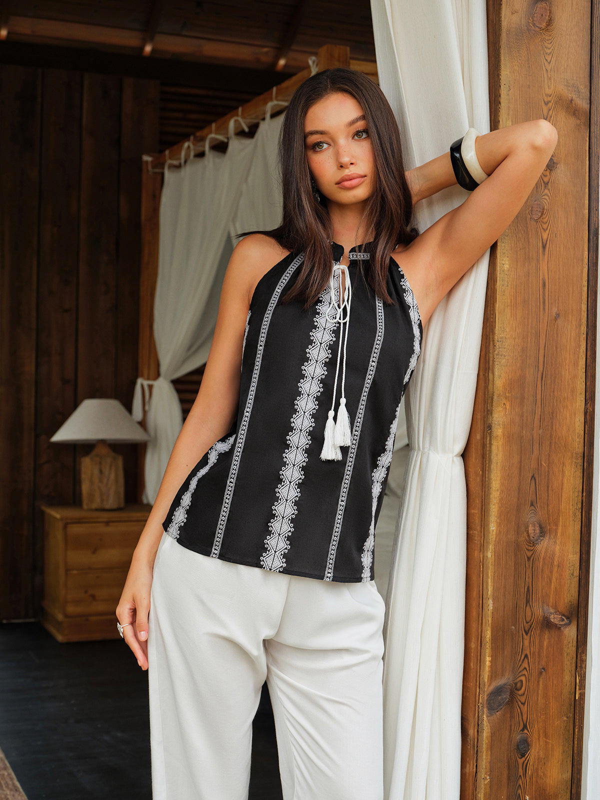 Embroidered Halter Tie-Neck Top-Chicvia