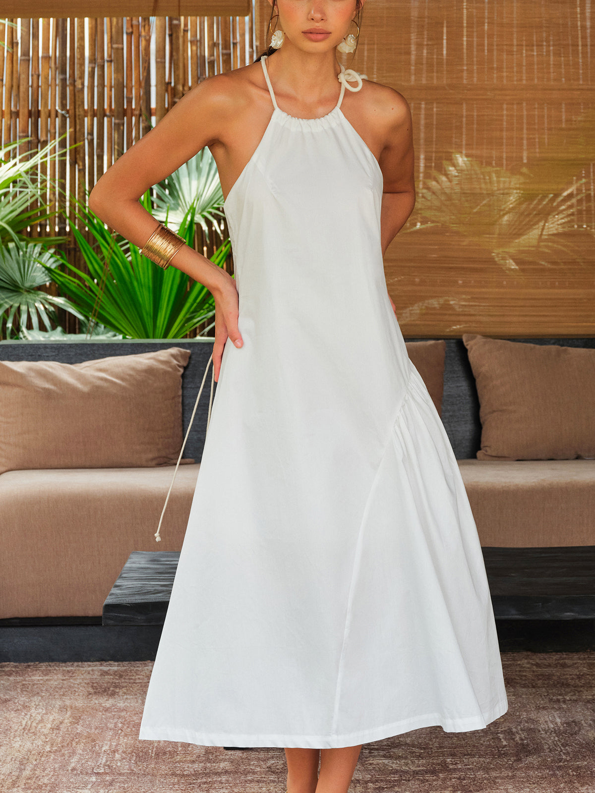 Macrame Back Halter Dress-Chicvia