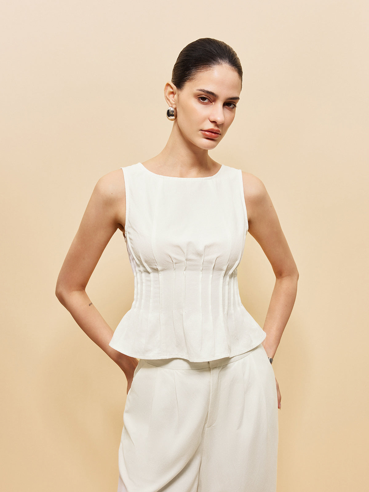 Peplum Top With Wide-Leg Pants Set-Chicvia