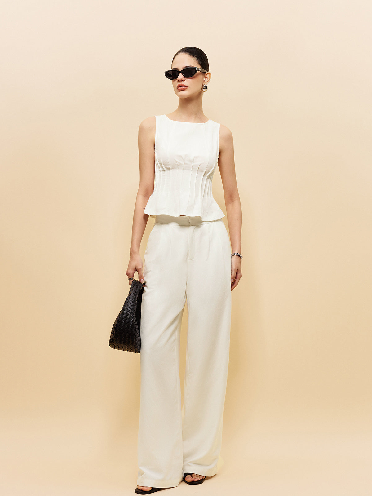 Peplum Top With Wide-Leg Pants Set-Chicvia