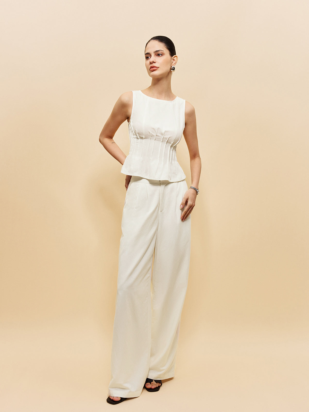 Peplum Top With Wide-Leg Pants Set-Chicvia