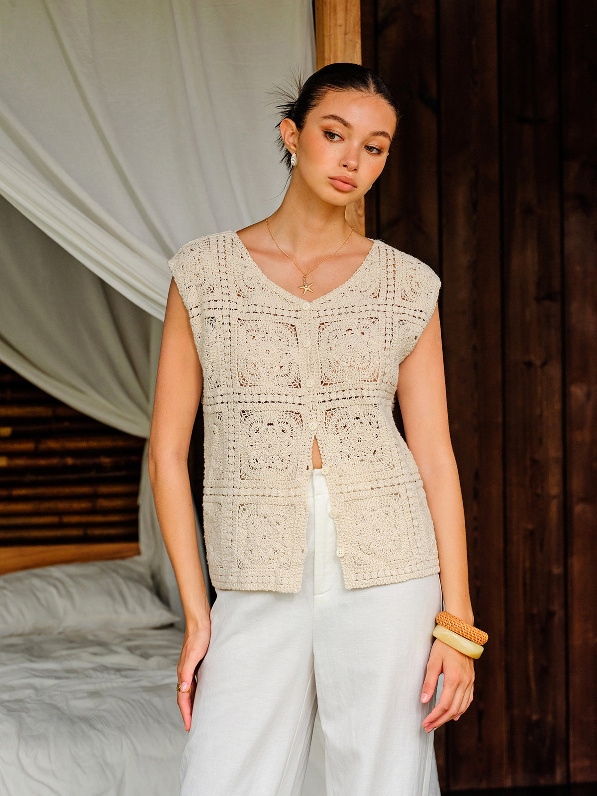 Cotton Crochet Knit Buttoned Top-Chicvia