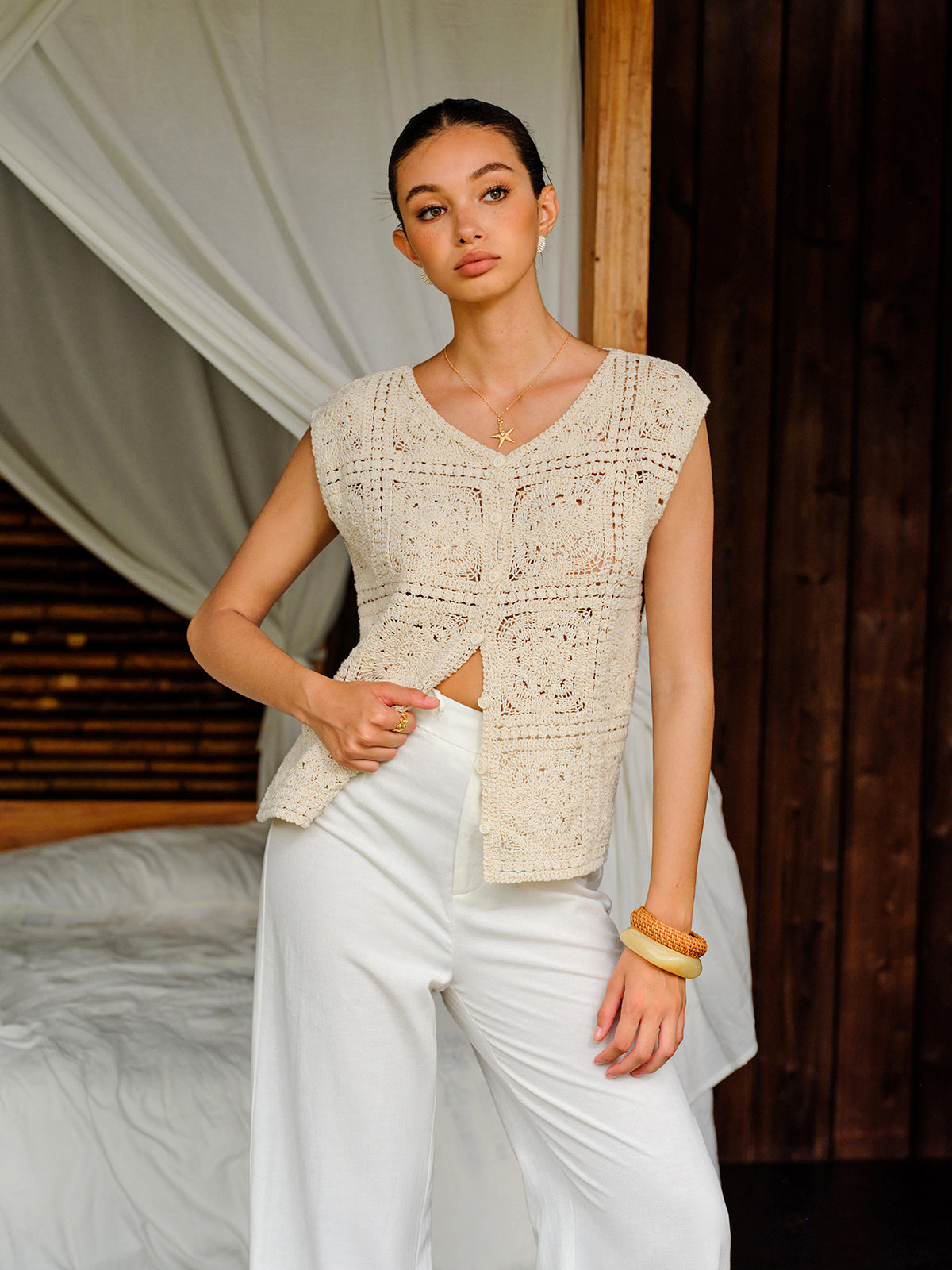 Cotton Crochet Knit Buttoned Top-Chicvia