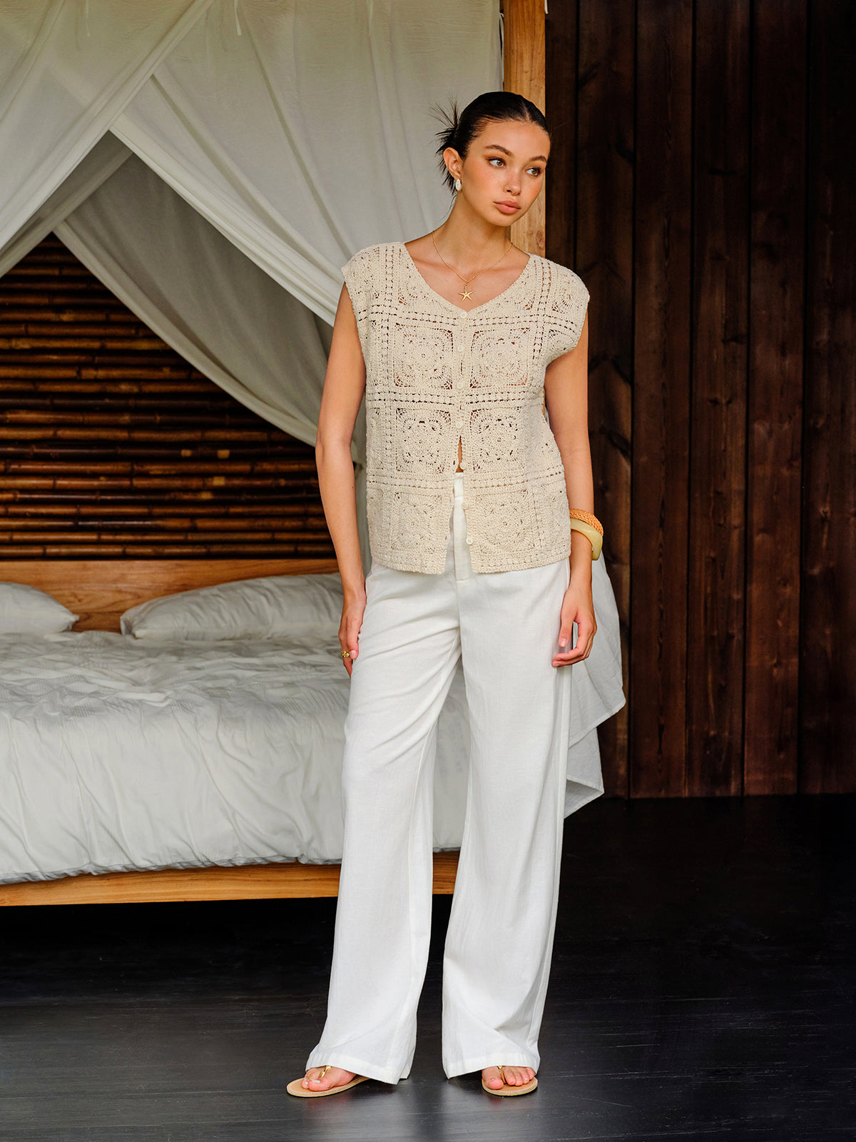 Cotton Crochet Knit Buttoned Top-Chicvia