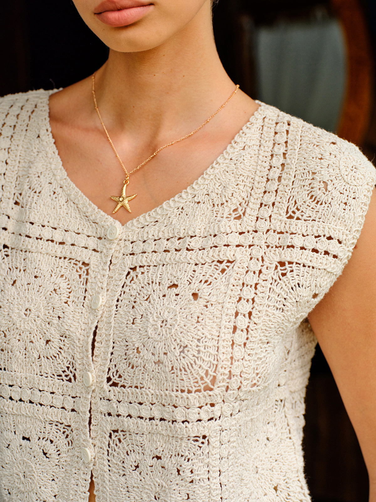 Cotton Crochet Knit Buttoned Top-Chicvia