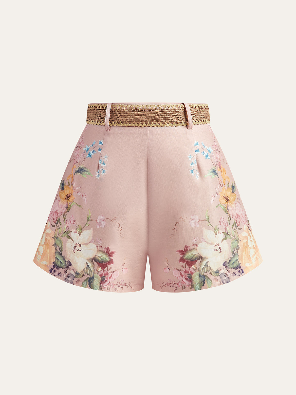 Floral Print Belted Shorts-Chicvia