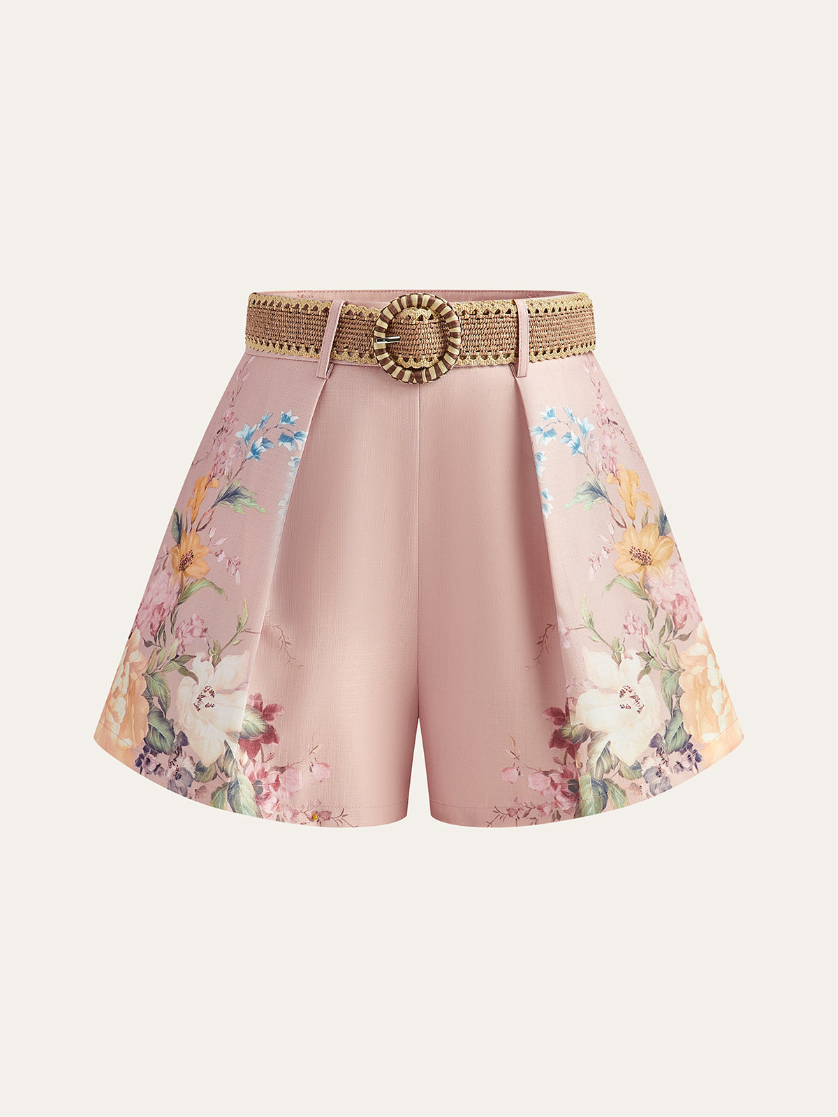 Floral Print Belted Shorts-Chicvia