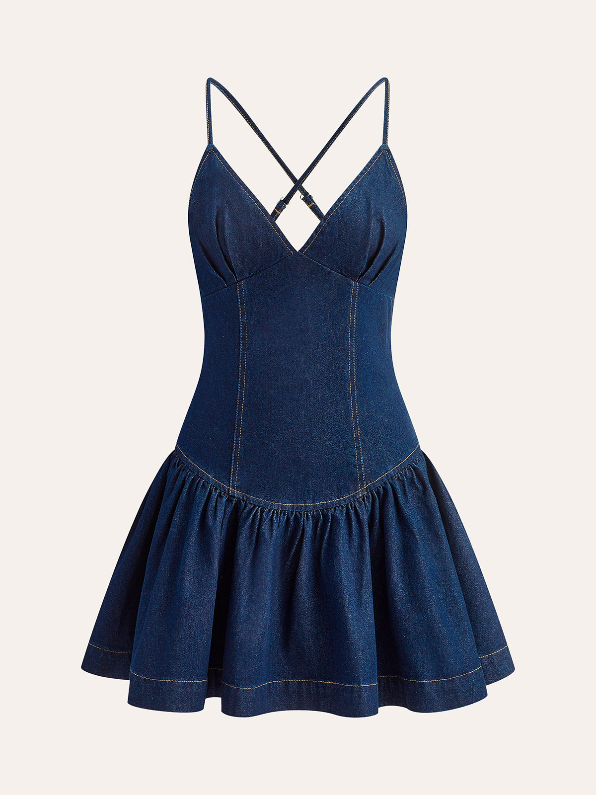 Cross-Back Denim Flared Dress-Chicvia