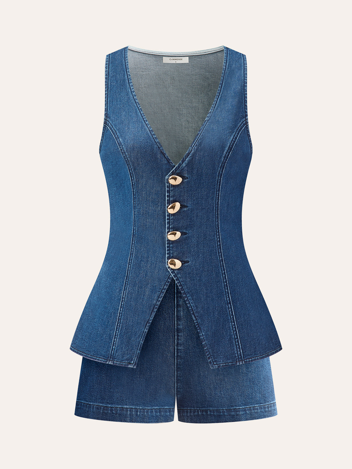 Metal Button Tie-Back Denim V-Neck Shorts Set-Chicvia