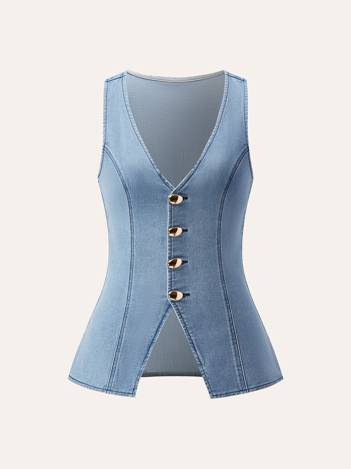 Metal Button Tie-Back Denim V-Neck Shorts Set-Chicvia