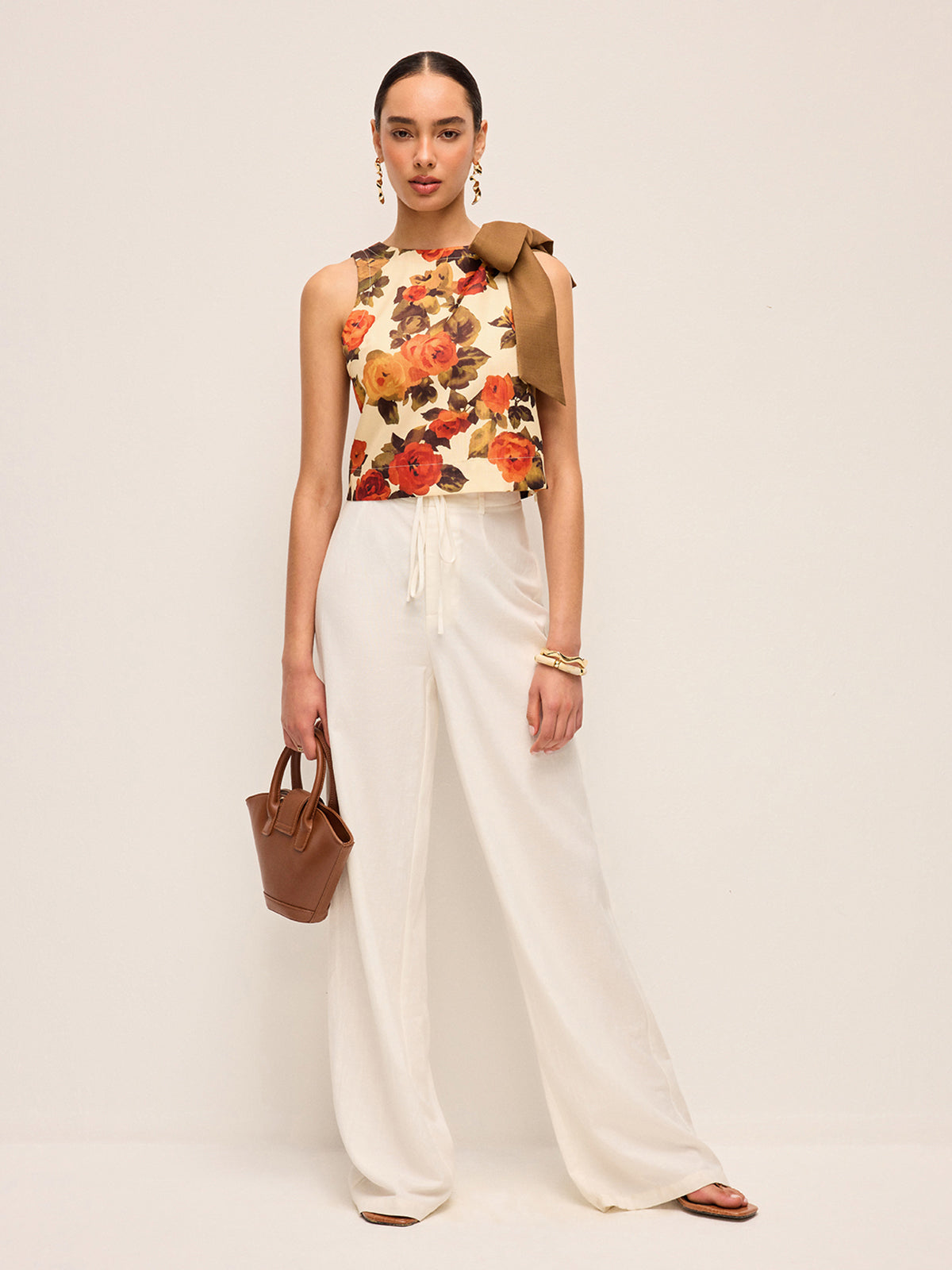 Floral Print Bow Detail Tank Top-Chicvia