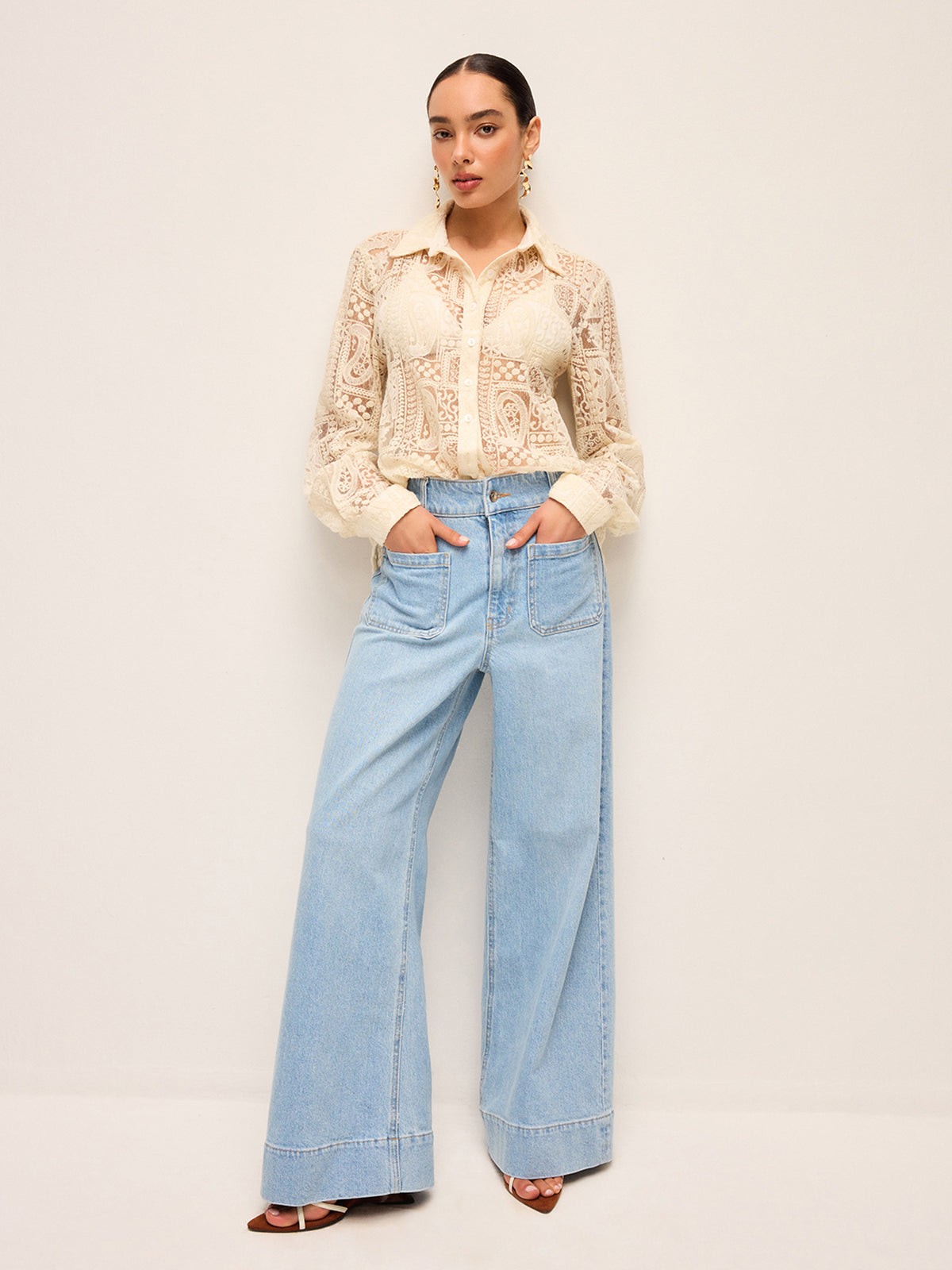 Long-Sleeve Lace Polo Collar Cotton-Blend Shirt-Chicvia