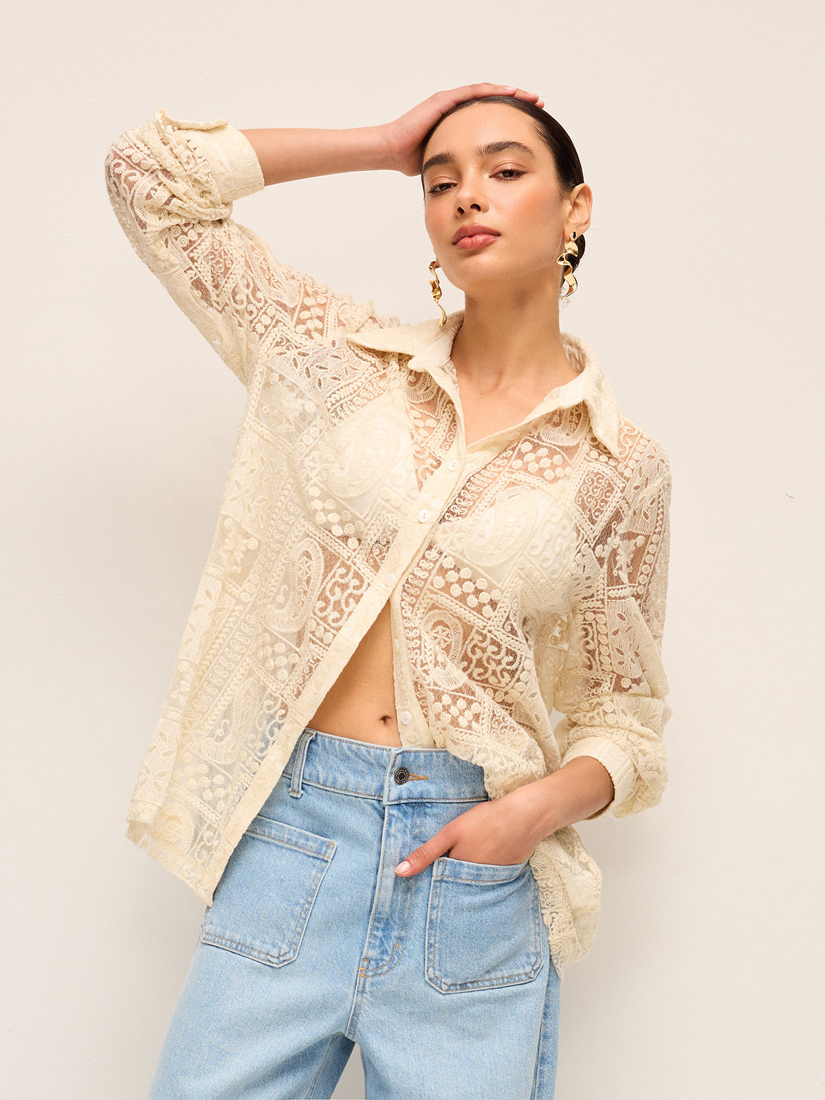 Long-Sleeve Lace Polo Collar Cotton-Blend Shirt-Chicvia