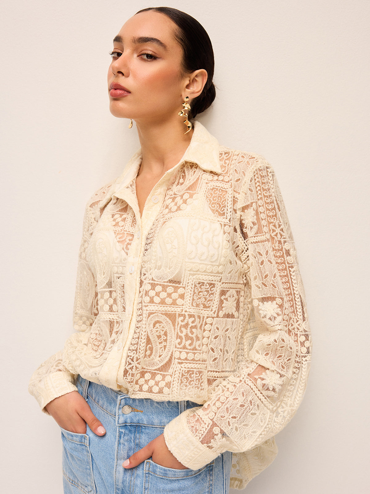 Long-Sleeve Lace Polo Collar Cotton-Blend Shirt-Chicvia