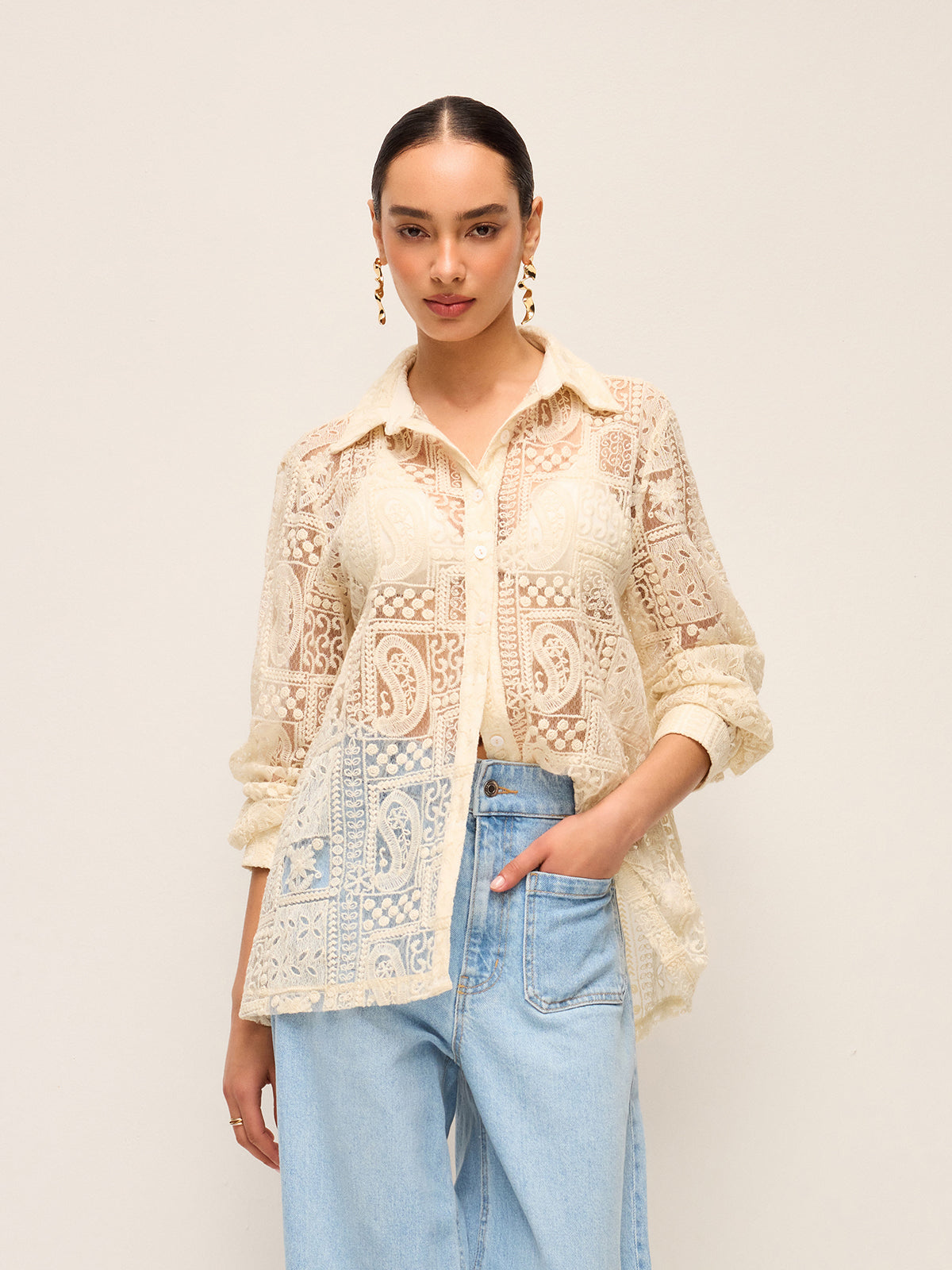 Long-Sleeve Lace Polo Collar Cotton-Blend Shirt-Chicvia