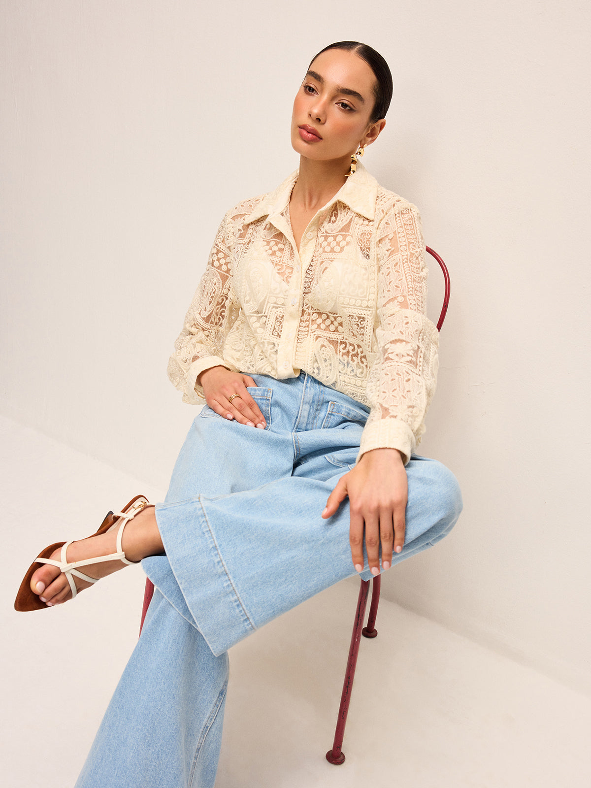 Long-Sleeve Lace Polo Collar Cotton-Blend Shirt-Chicvia