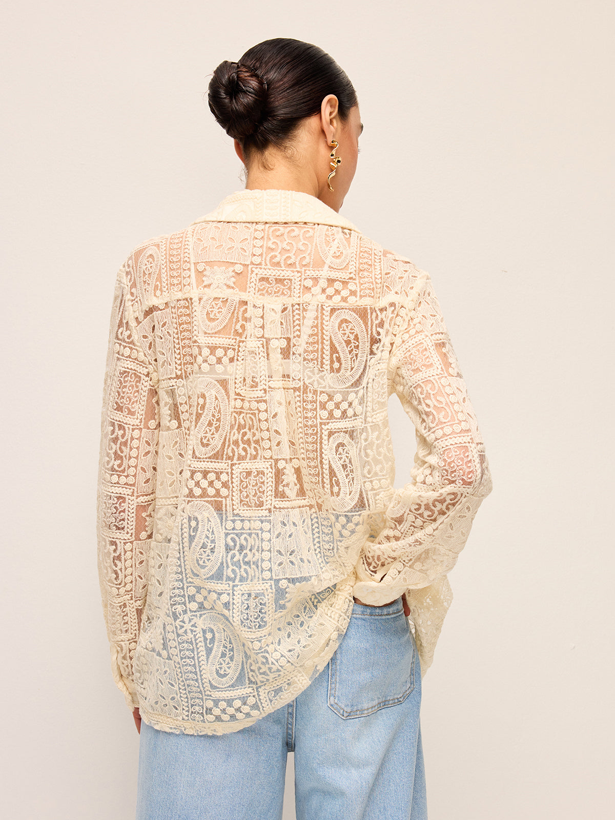 Long-Sleeve Lace Polo Collar Cotton-Blend Shirt-Chicvia