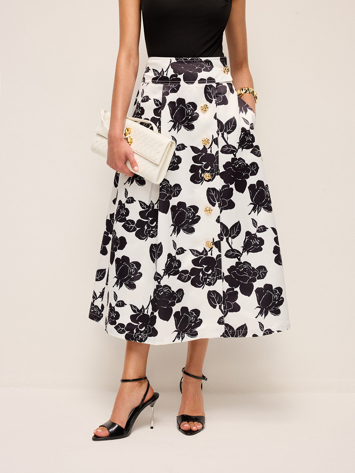 Floral Print Button-Front A-Line Skirt-Chicvia