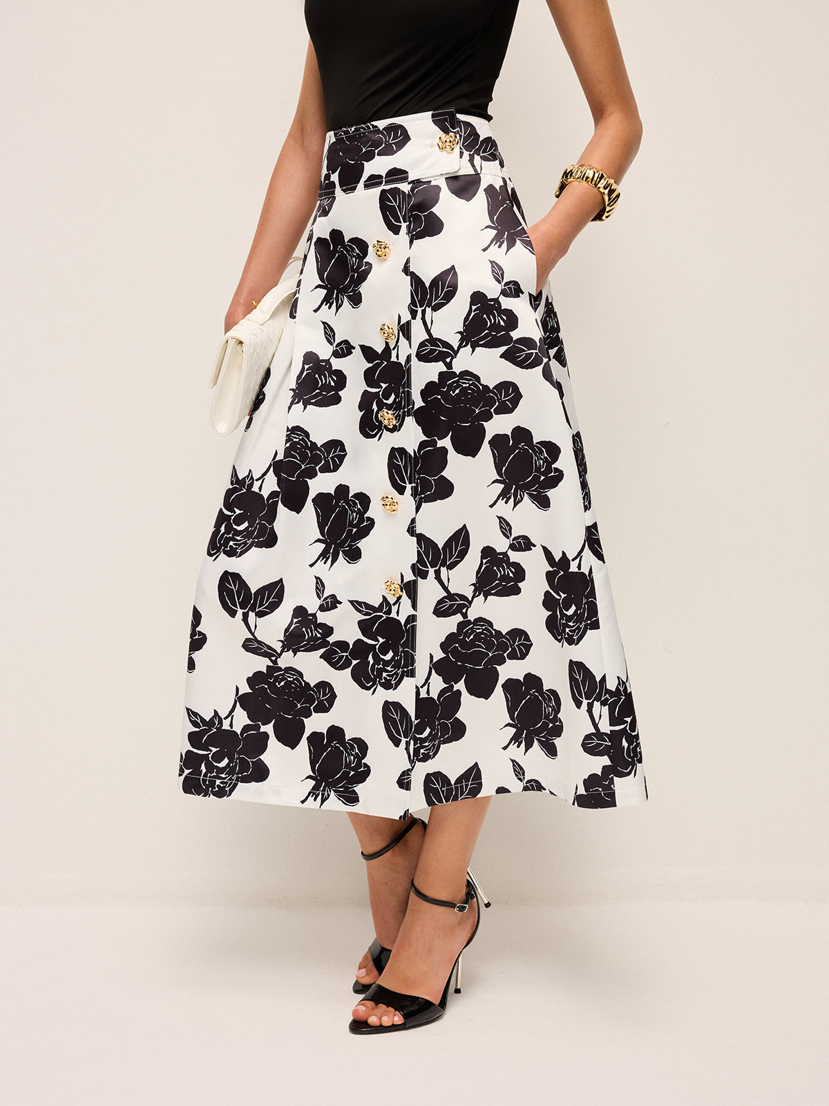 Floral Print Button-Front A-Line Skirt-Chicvia