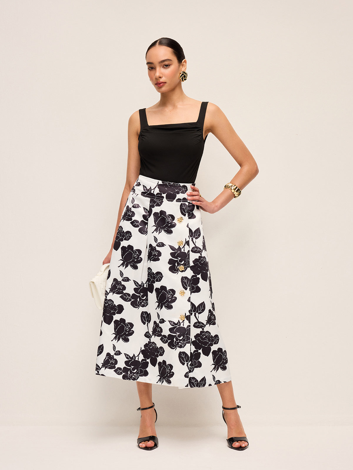 Floral Print Button-Front A-Line Skirt-Chicvia