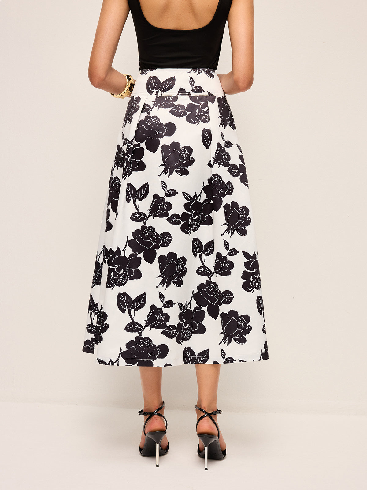 Floral Print Button-Front A-Line Skirt-Chicvia