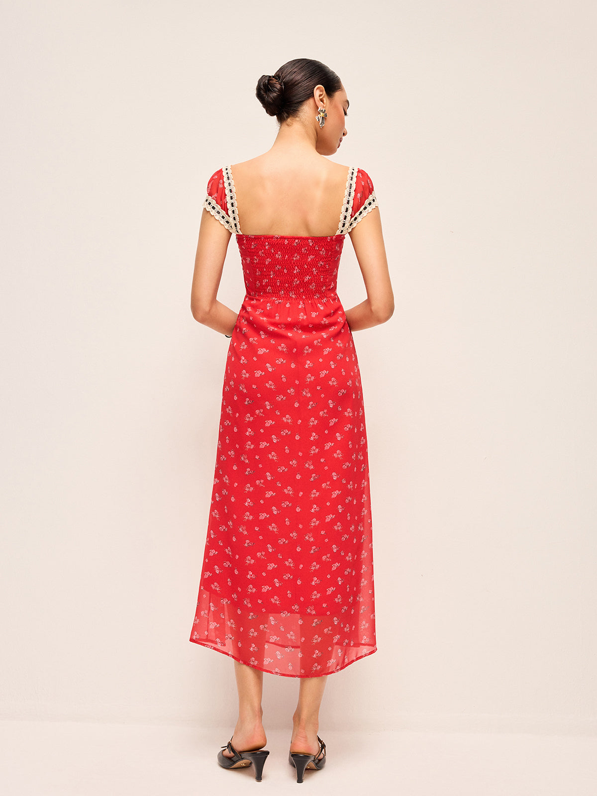 Floral Print Midi Dress with Lace Trim-Chicvia