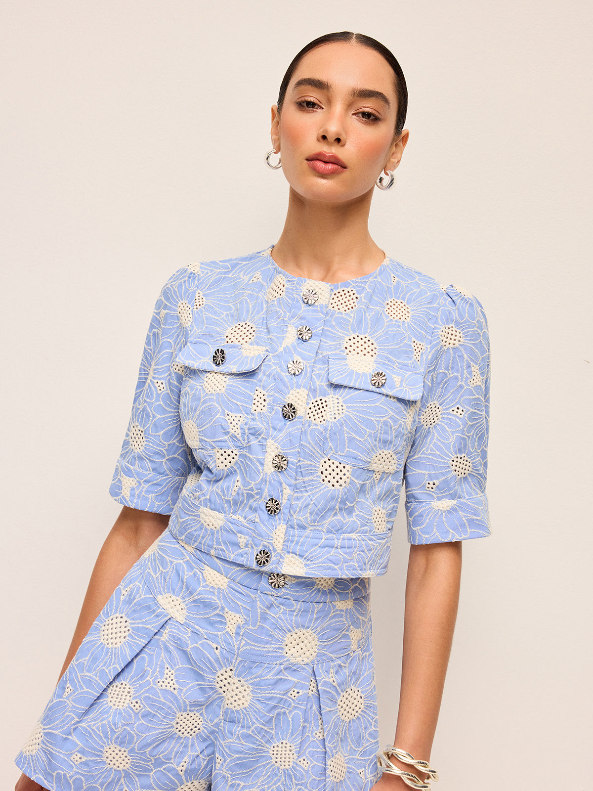 Floral Embroidered Button-Front Cropped Top-Chicvia