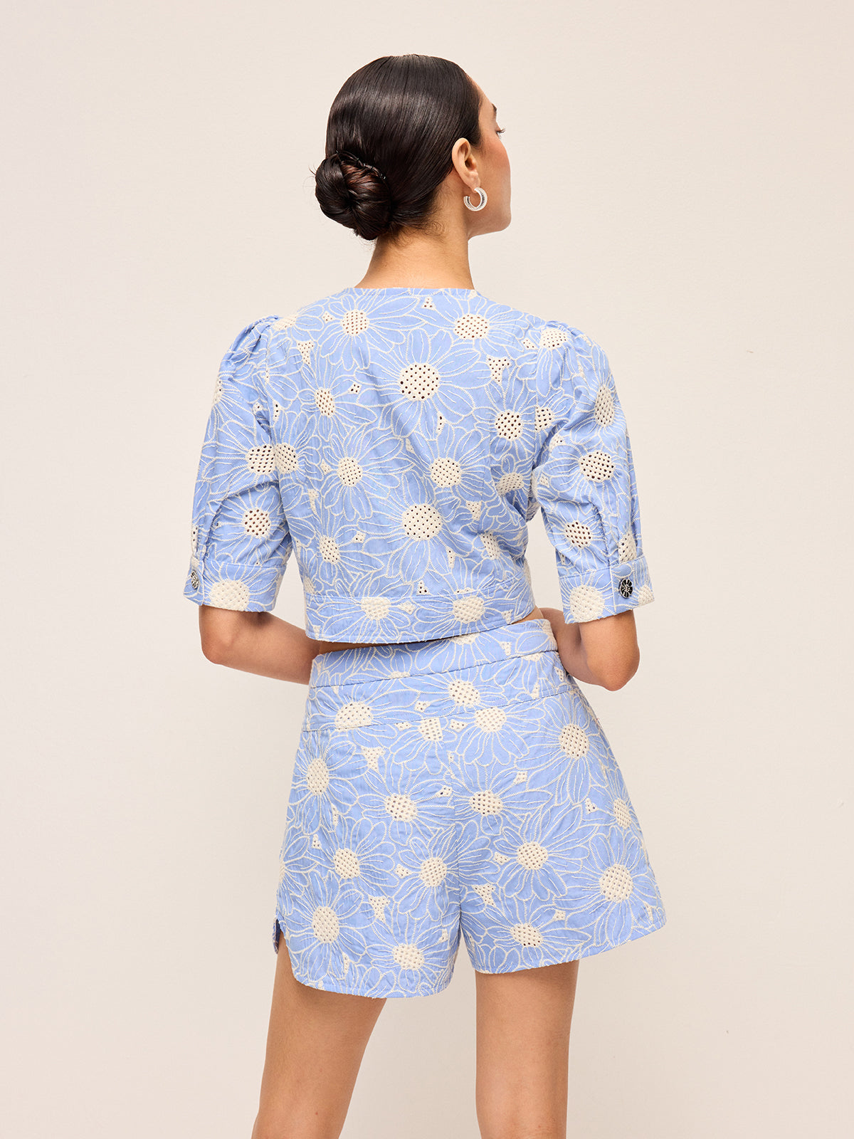 Floral Embroidered Button-Front Cropped Top-Chicvia