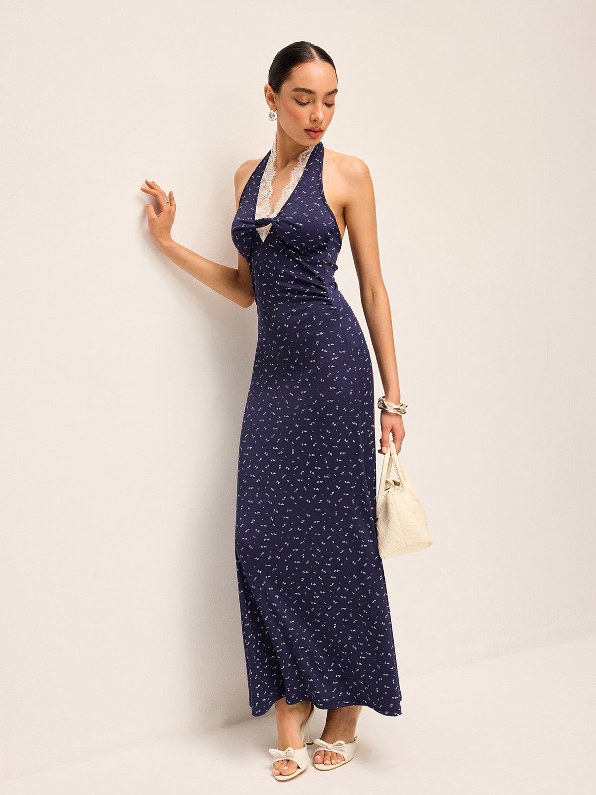 Lace Trim Halter Neck Printed Dress-Chicvia