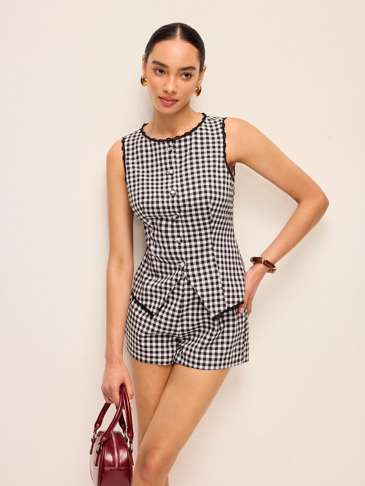 Gingham Button Top and Shorts Set-Chicvia