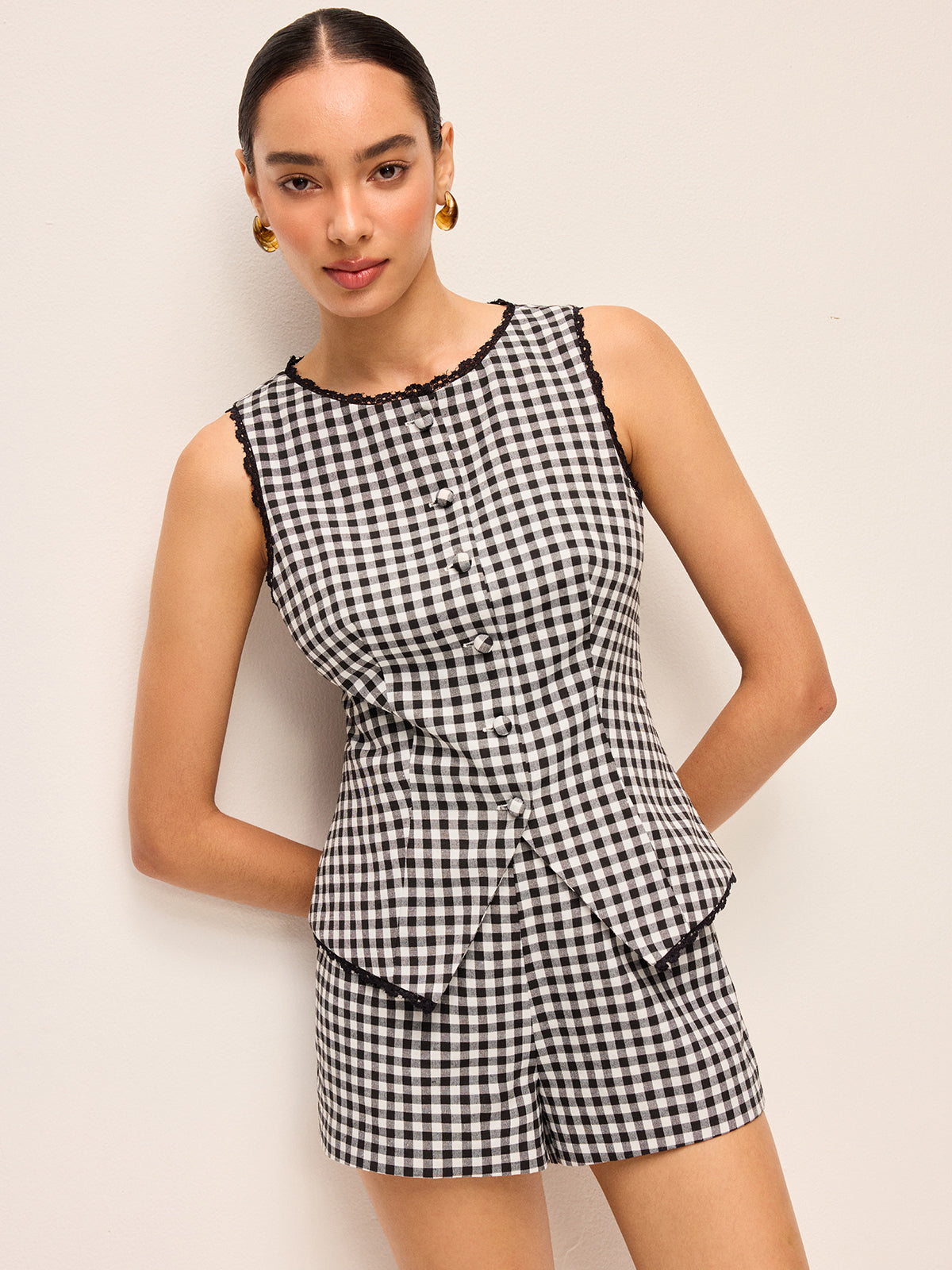 Gingham Button Top and Shorts Set-Chicvia