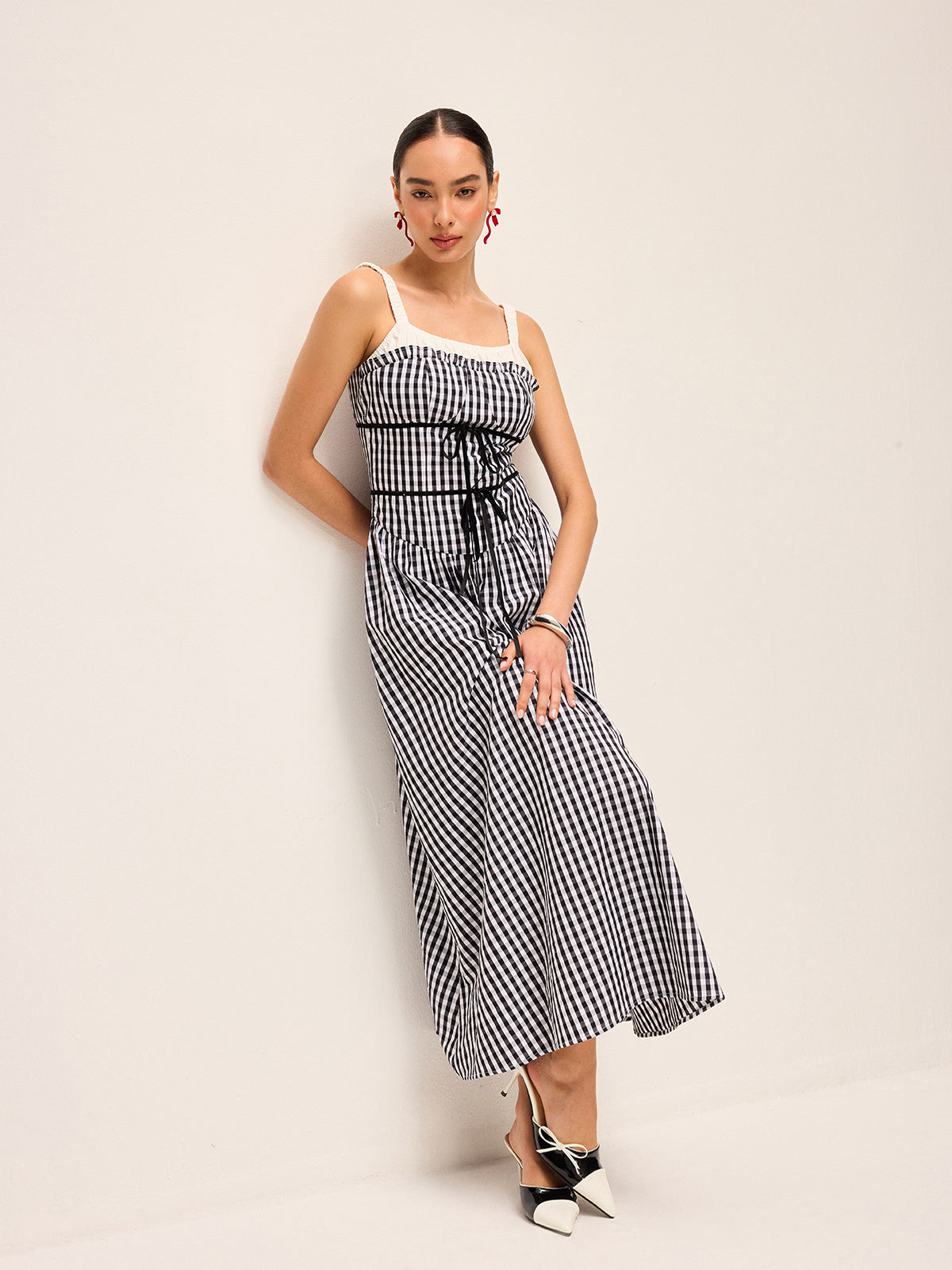 Gingham Corset-Style Midi Dress-Chicvia