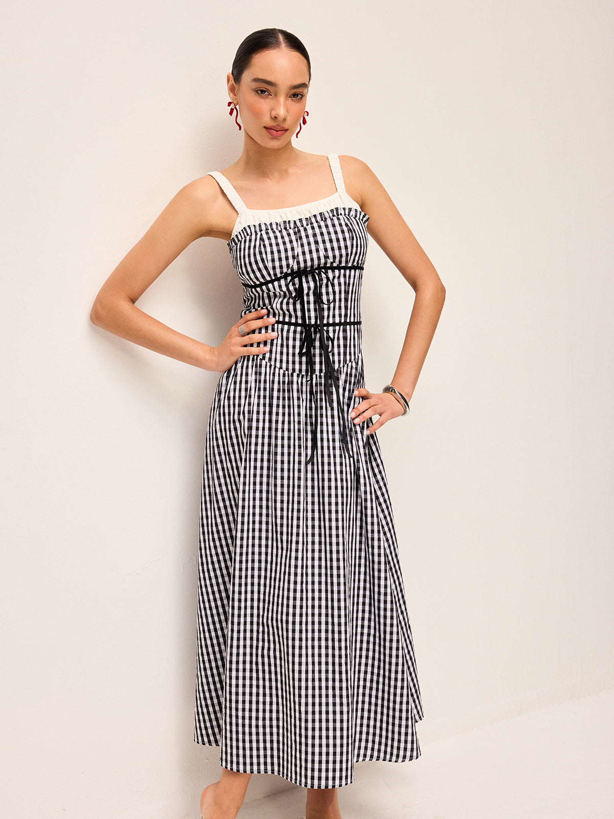 Gingham Corset-Style Midi Dress-Chicvia