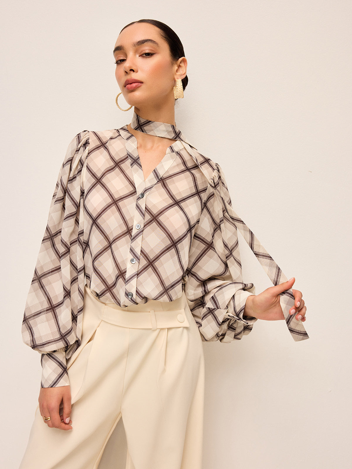 Long-Sleeve Plaid Chiffon Shirt With Neck-Tie Detail-Chicvia