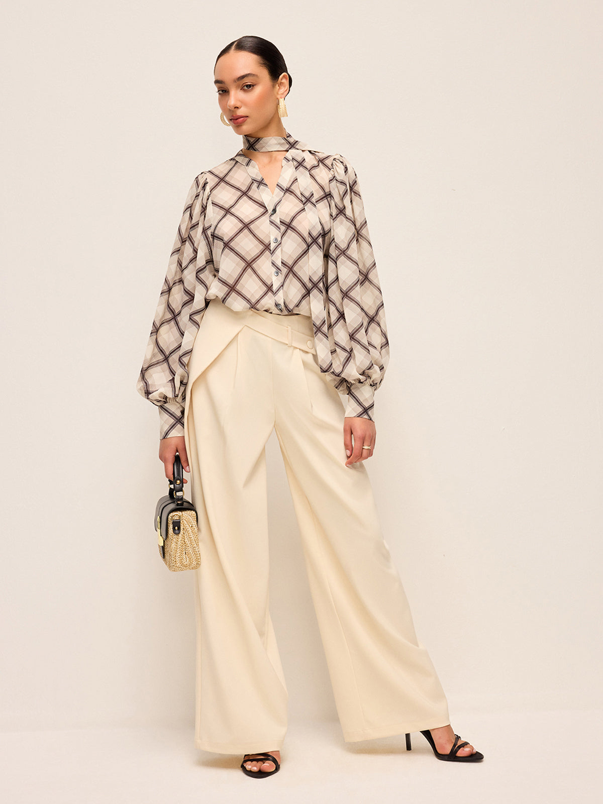 Long-Sleeve Plaid Chiffon Shirt With Neck-Tie Detail-Chicvia