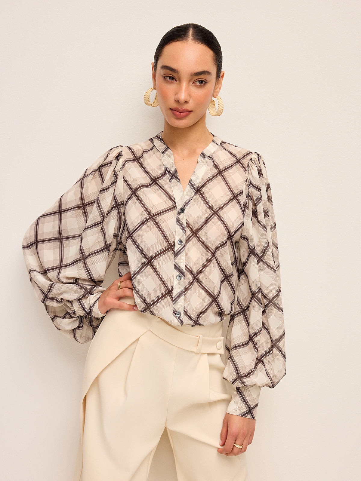Long-Sleeve Plaid Chiffon Shirt With Neck-Tie Detail-Chicvia