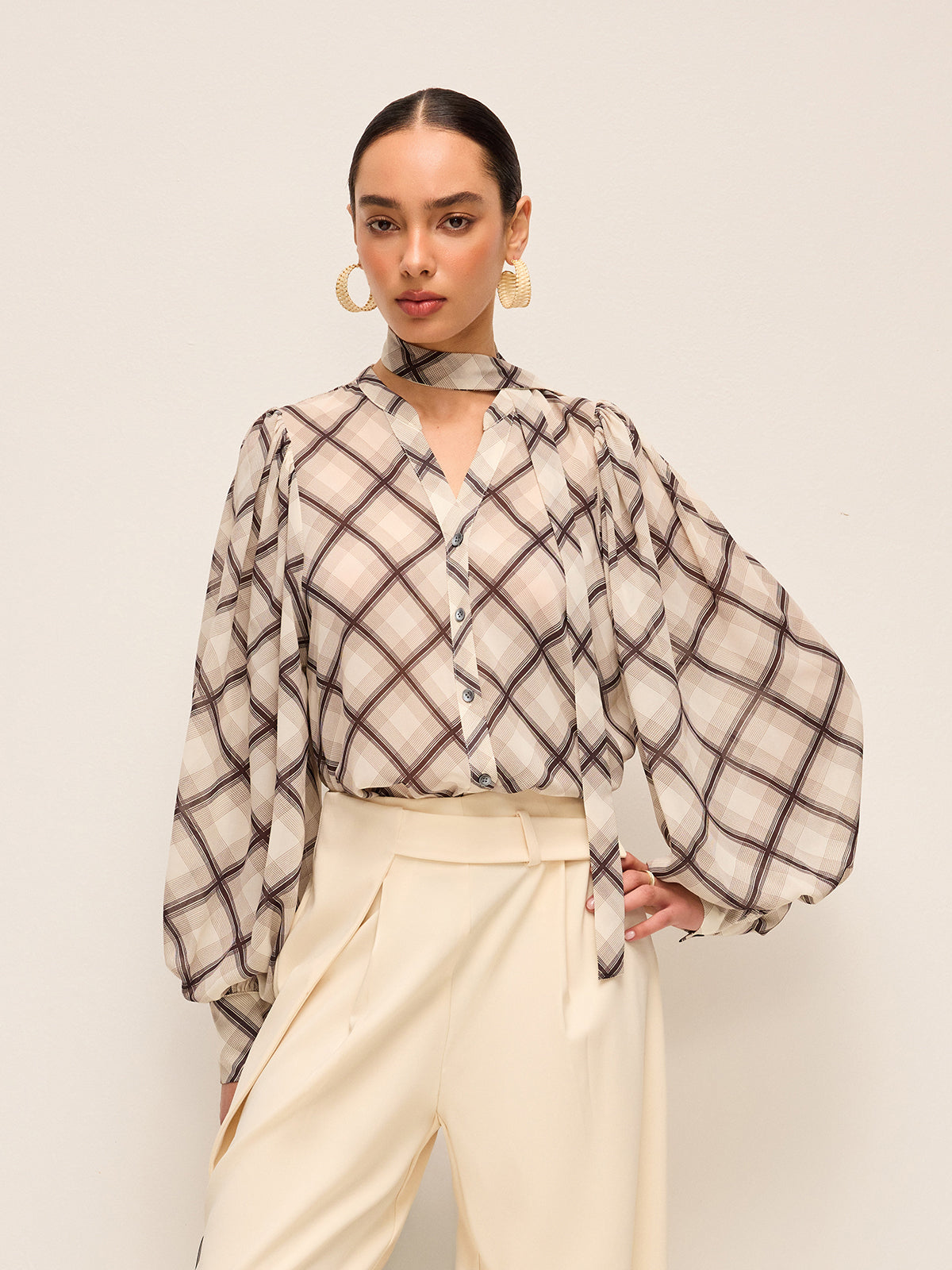 Long-Sleeve Plaid Chiffon Shirt With Neck-Tie Detail-Chicvia