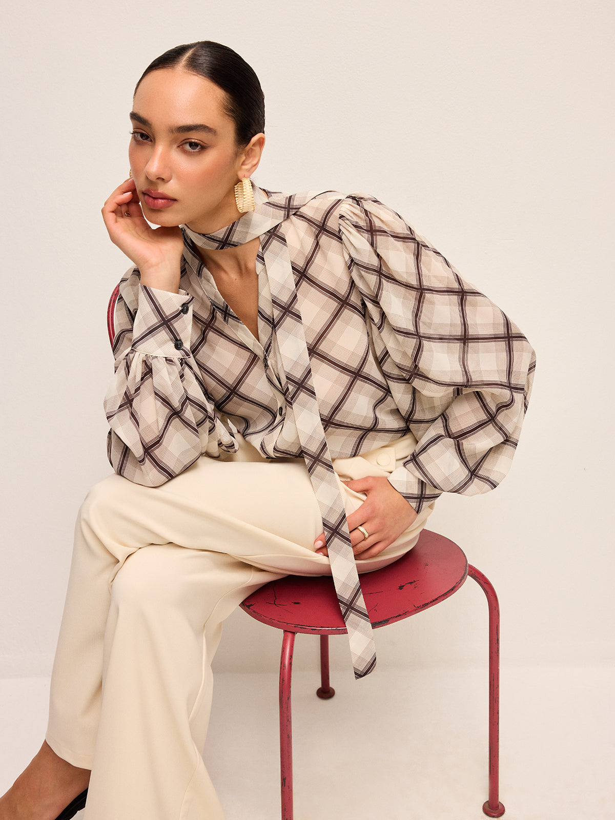 Long-Sleeve Plaid Chiffon Shirt With Neck-Tie Detail-Chicvia