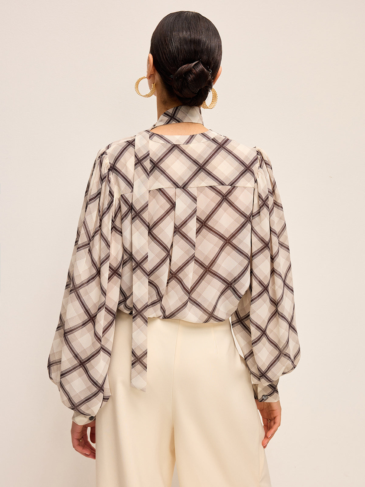 Long-Sleeve Plaid Chiffon Shirt With Neck-Tie Detail-Chicvia