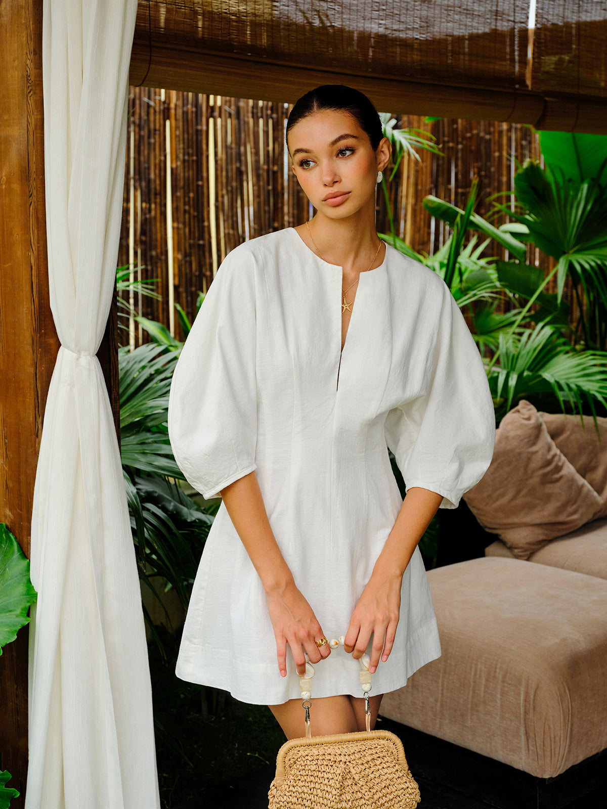 Cotton-Linen Blend V-Neck Puff Sleeve Dress-Chicvia