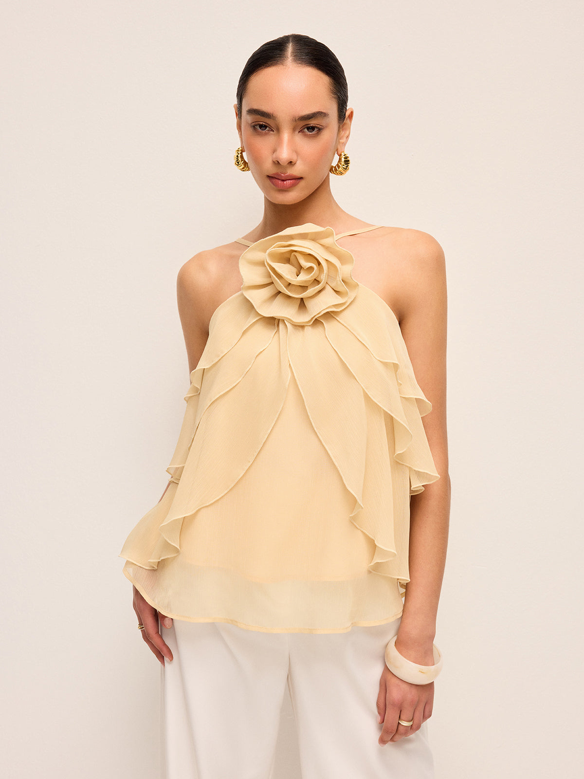 Floral Ruffle Halter Top-Chicvia