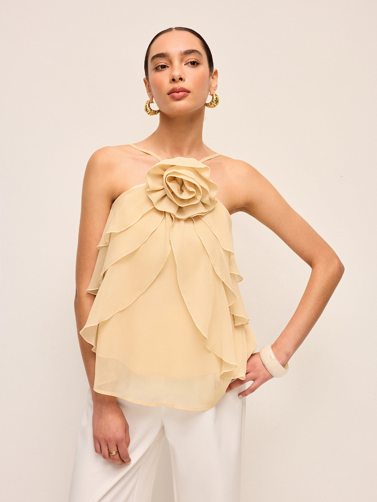 Floral Ruffle Halter Top-Chicvia