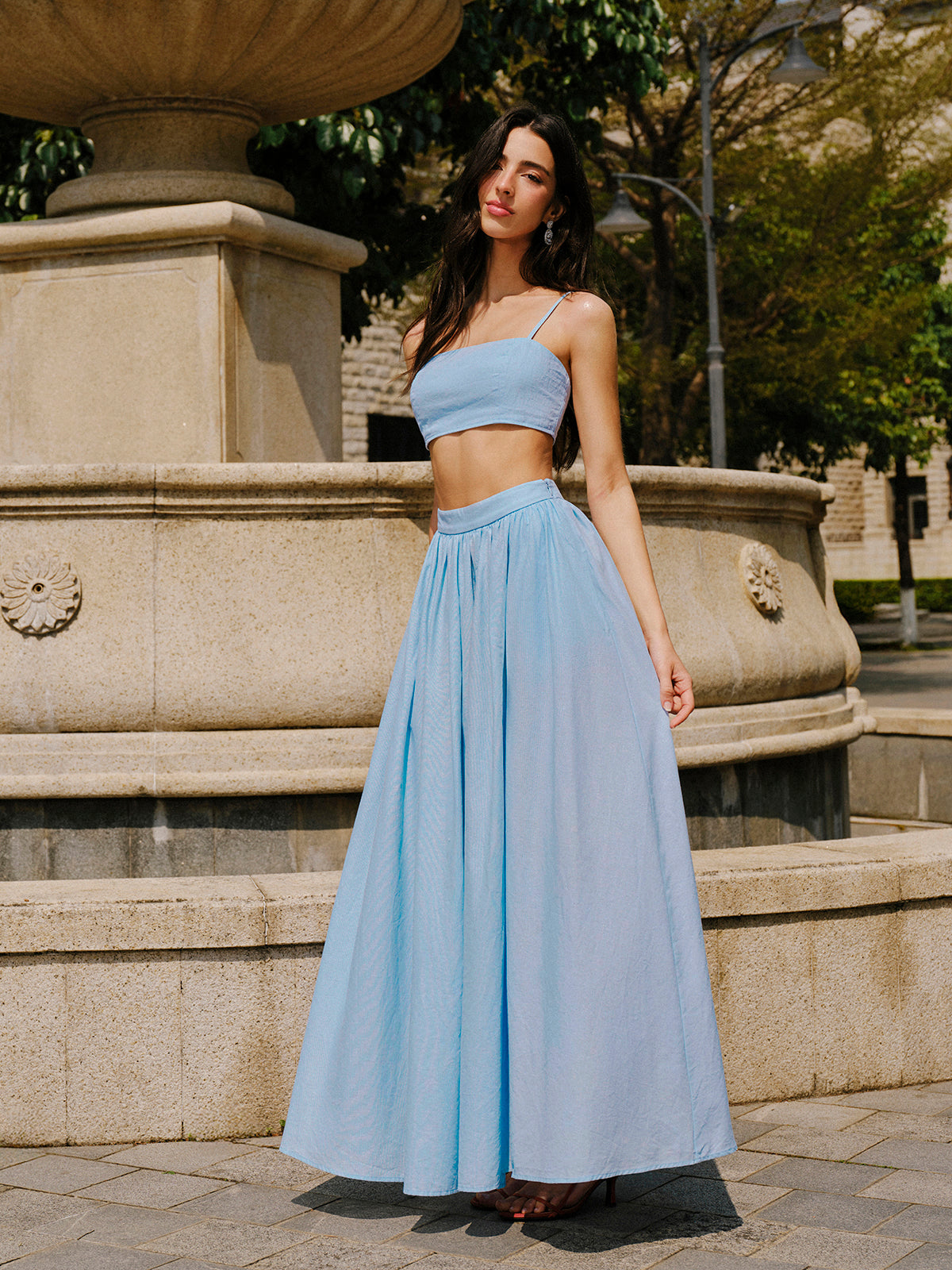 Cotton & Linen Pocket Detail Skirt Set-Chicvia