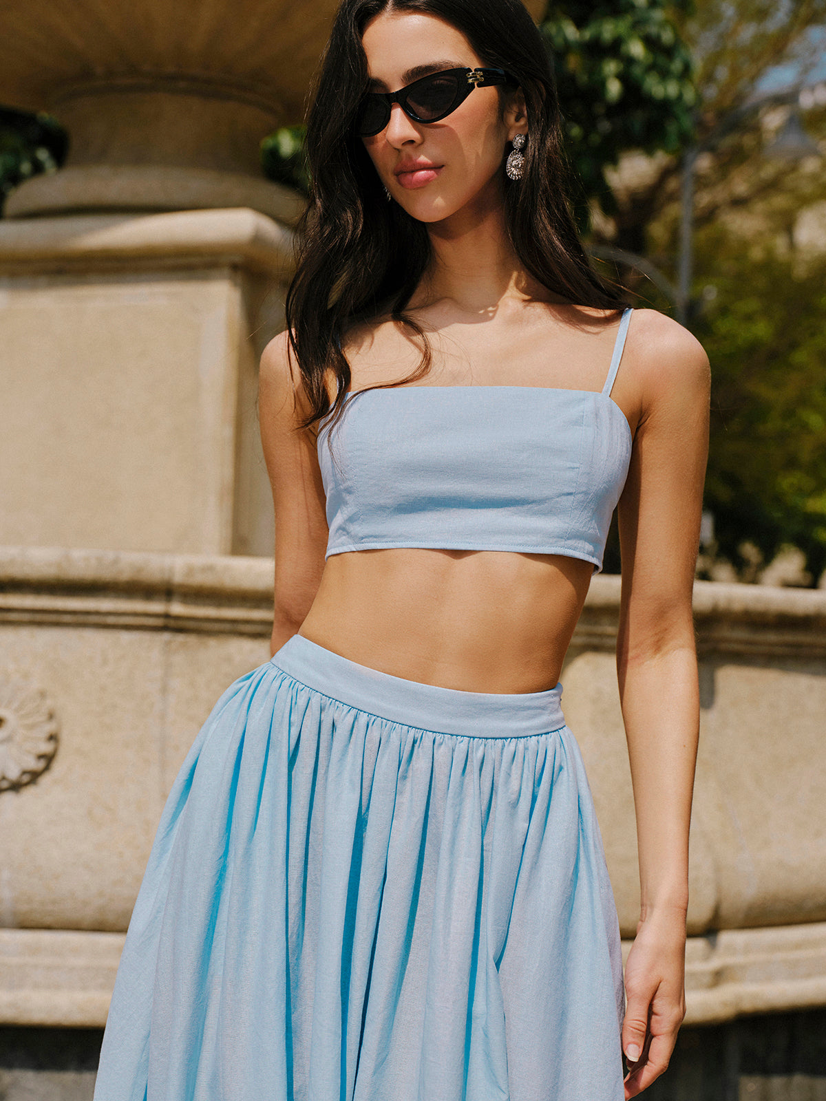 Cotton & Linen Pocket Detail Skirt Set-Chicvia