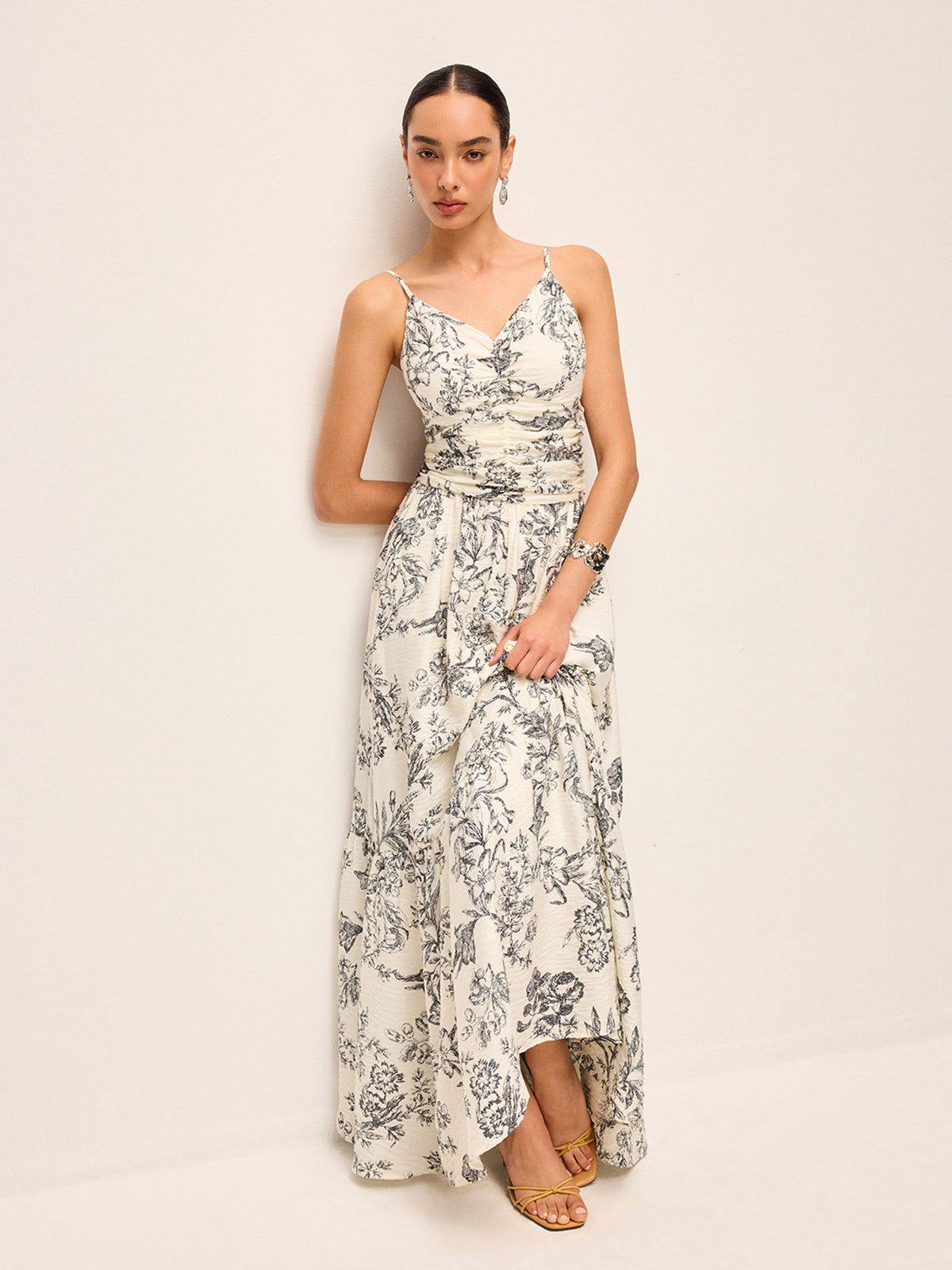 Floral Print Ruched Cami Dress-Chicvia