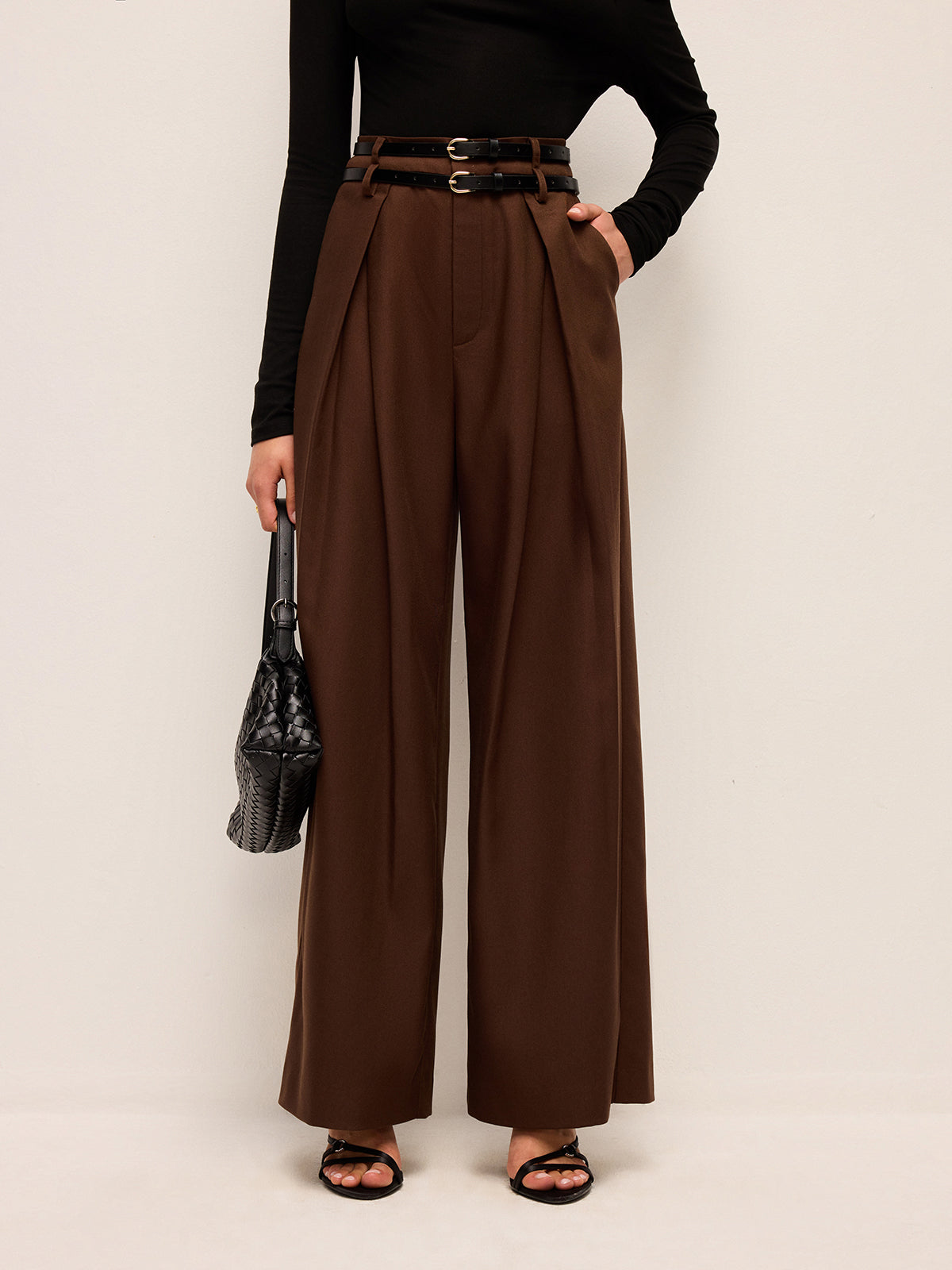 High-Waist Wide-Leg Pants With Double Belts-Chicvia
