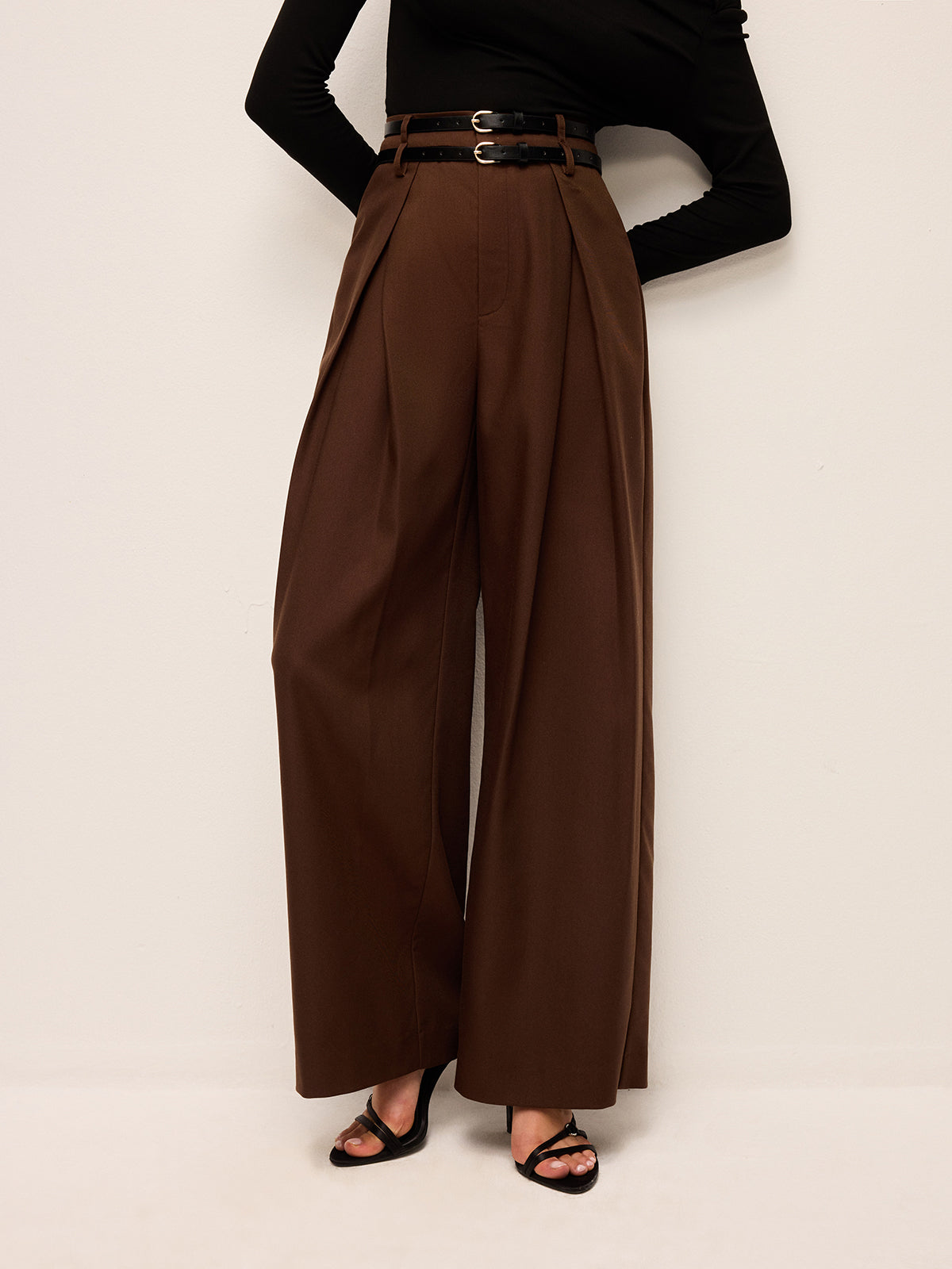 High-Waist Wide-Leg Pants With Double Belts-Chicvia